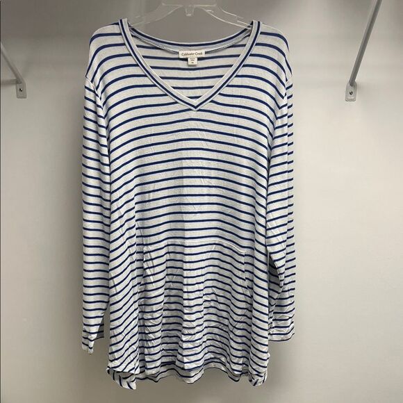 Coldwater Creek Navy and White Striped V-Neck Sweater - Picture 1 of 4